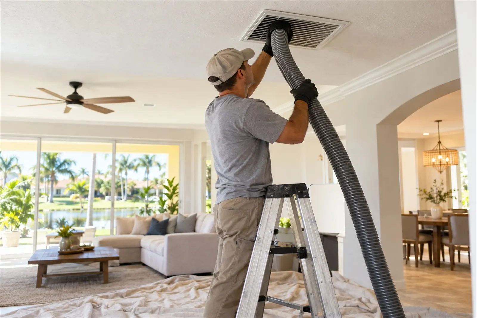 A local pro on a ladder cleaning a ceiling air vent with a vacuum hose in a bright living room