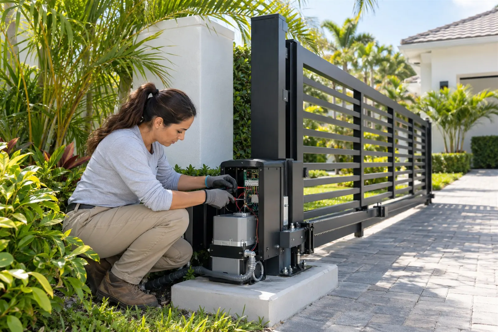 A local pro servicing the opener of a sliding driveway gate