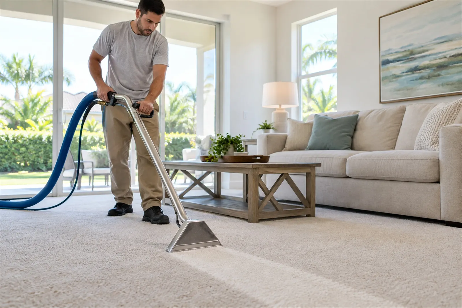 A local pro deep-cleaning a living room carpet with a hot-water extraction wand