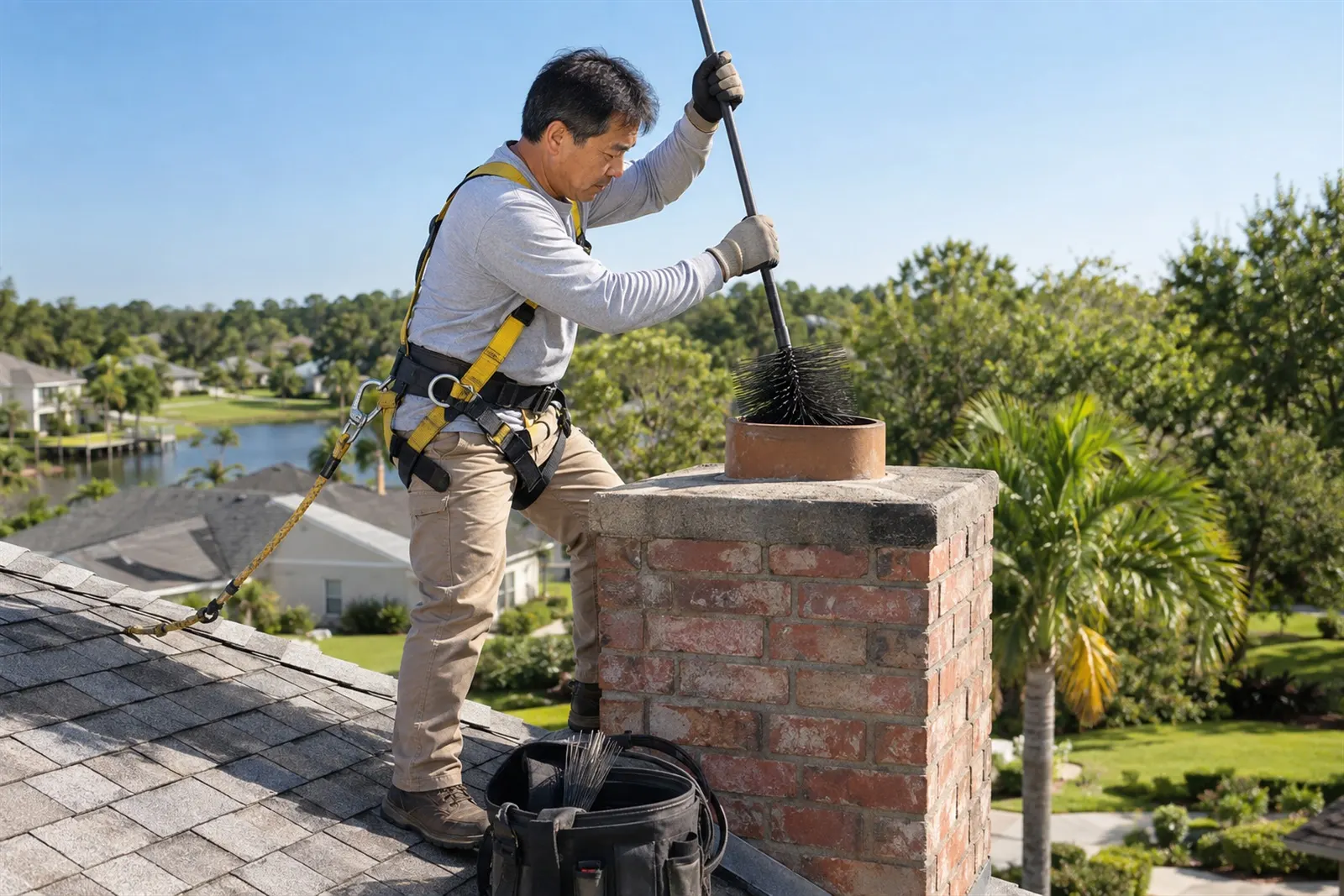 A local pro in a safety harness sweeping a brick chimney on a shingle roof