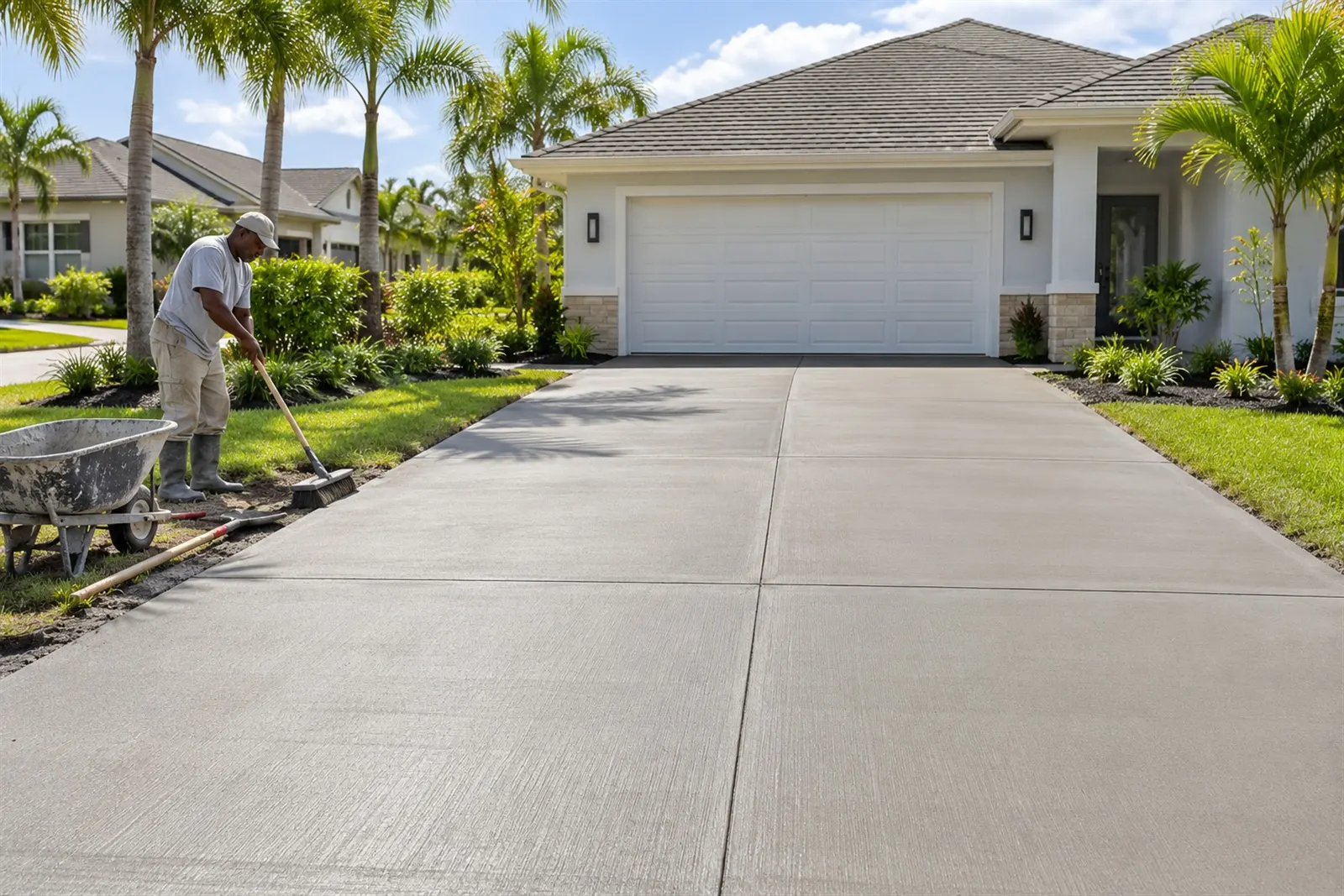 A newly poured concrete driveway leading to a garage, with a local pro finishing the edge