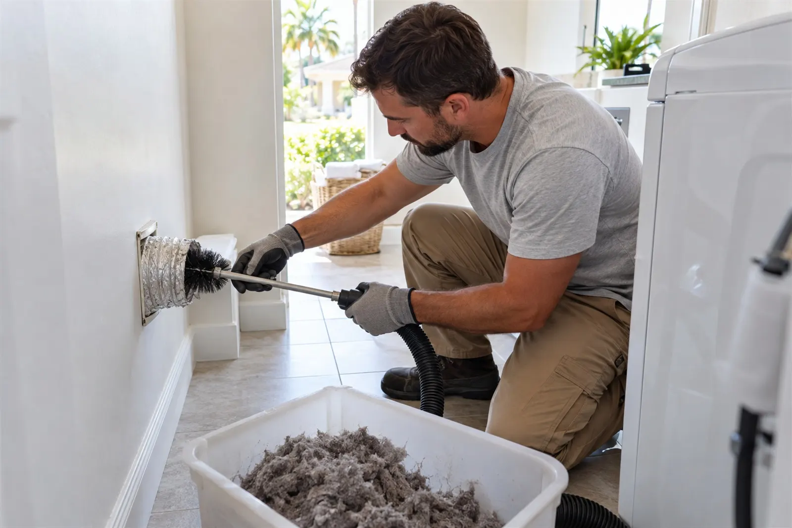 A local pro brushing lint out of a dryer vent in a laundry room, with a bin of removed lint beside him