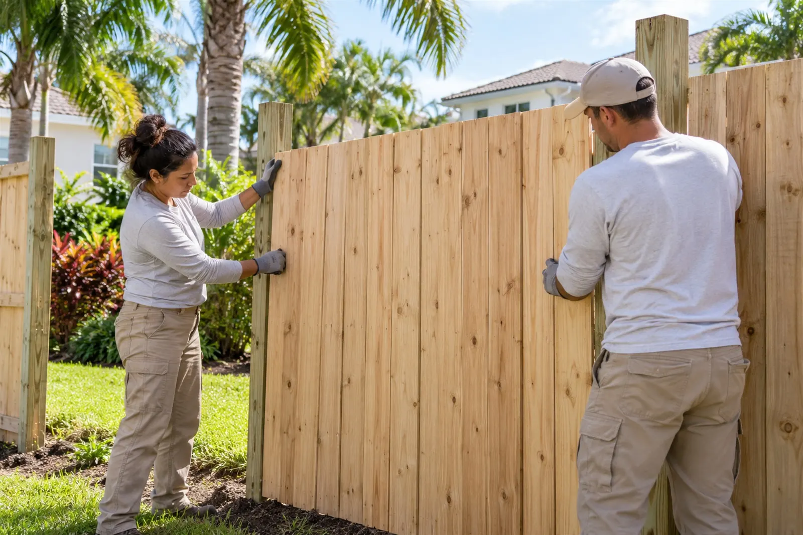 Two local pros setting a new wood privacy fence panel in a backyard