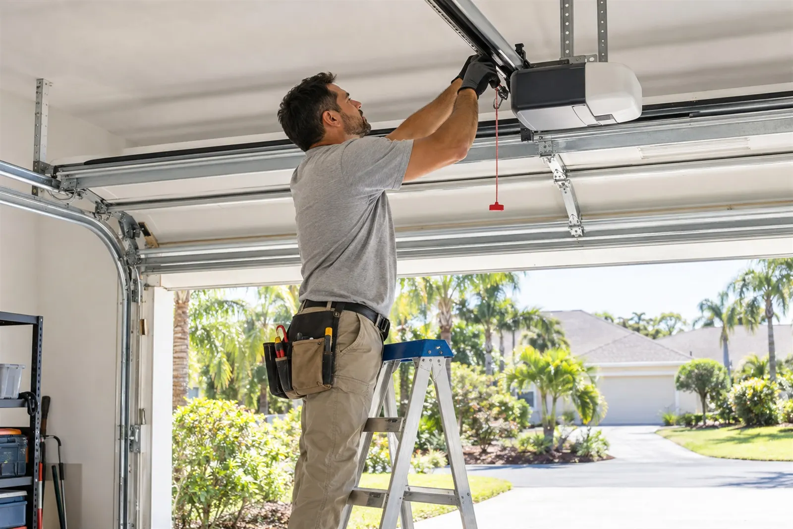 A local pro on a stepladder adjusting a garage door opener in a Florida garage