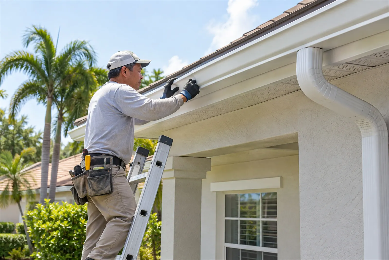 A local pro on a ladder fitting a white seamless gutter along a roof edge