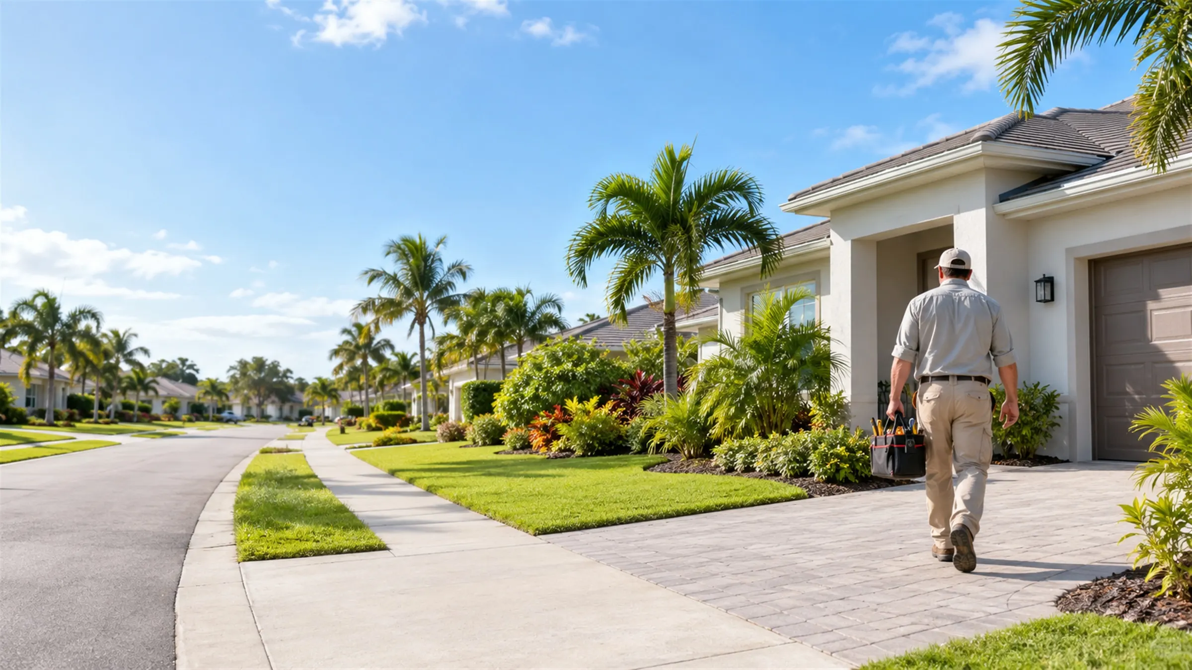 A local pro carrying a tool bag up the paver driveway of a Florida home on a sunny day