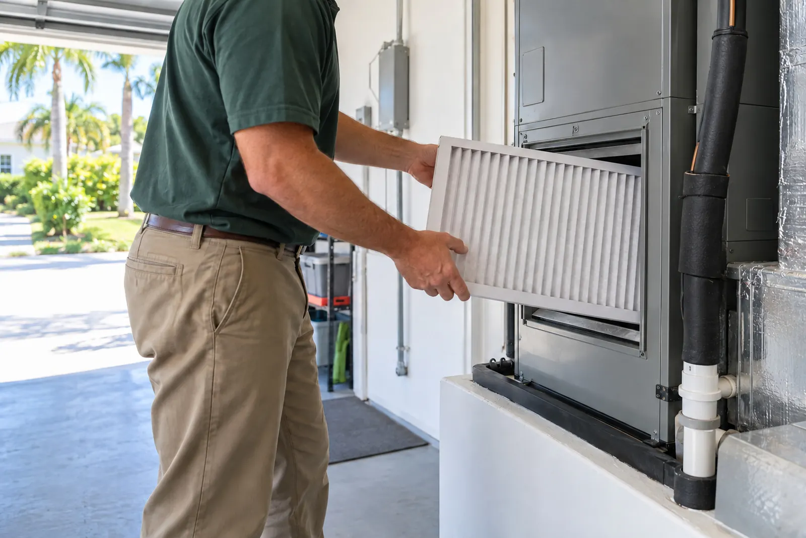 A local AC pro sliding a new filter into an air handler in a bright Florida garage