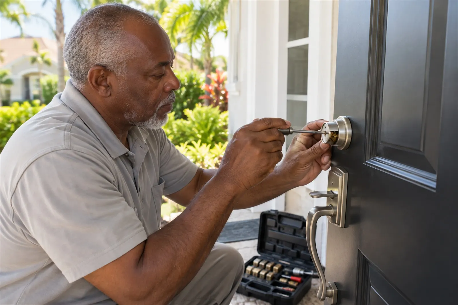 A local locksmith rekeying the deadbolt on a front door