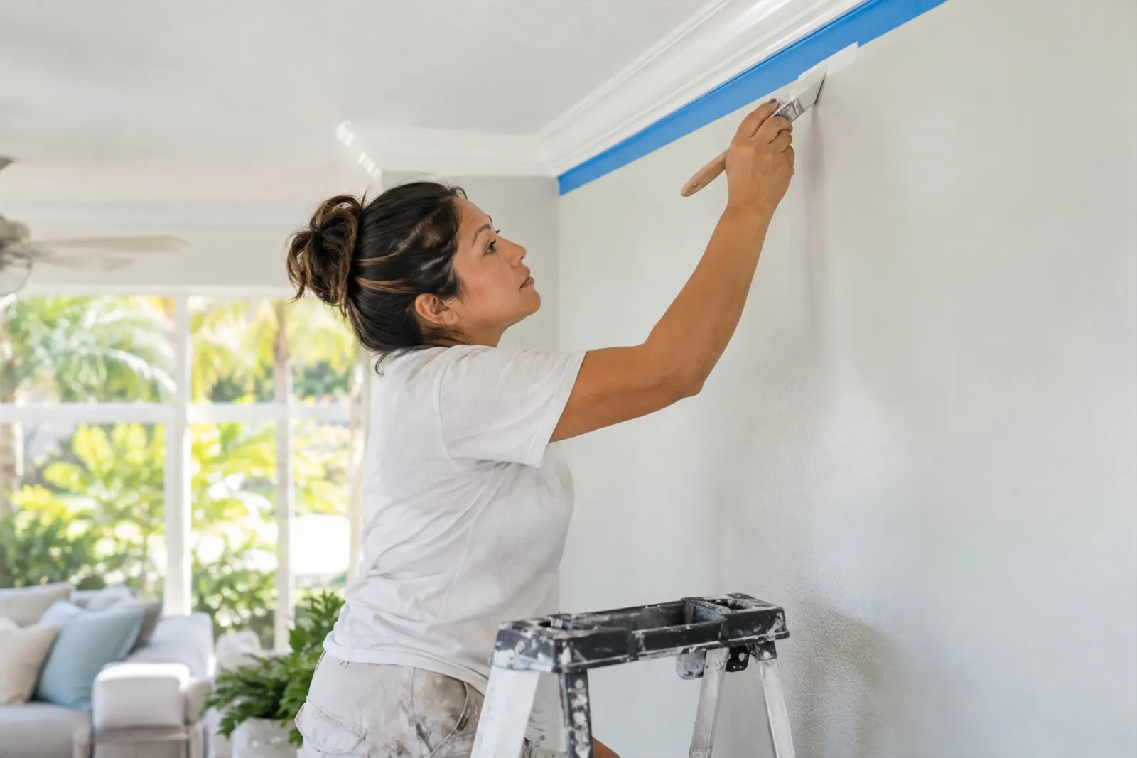 A local painter cutting in a fresh coat of paint along the ceiling line of a bright room