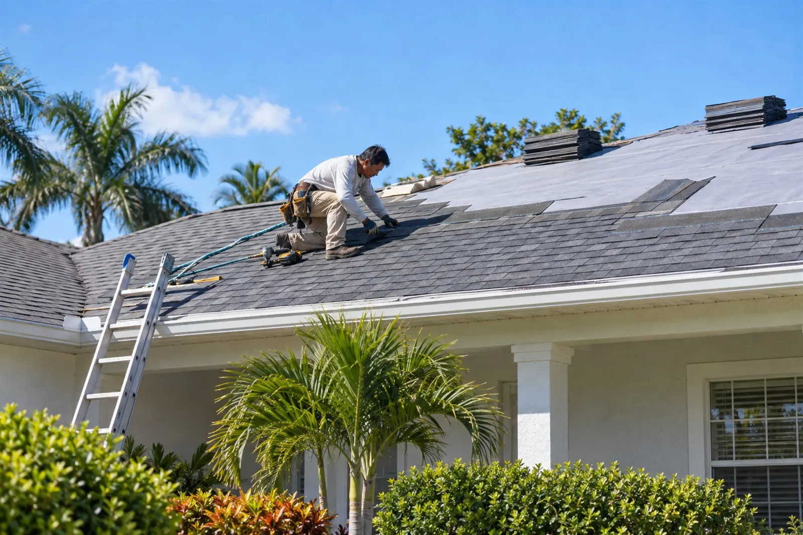 A local roofing pro laying new shingles on a Florida home