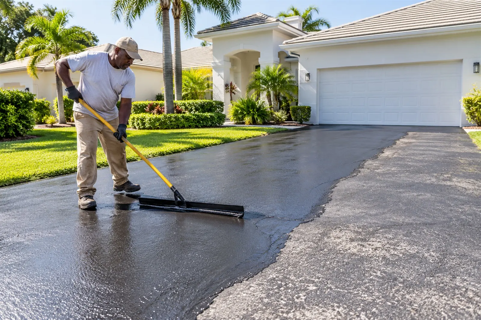 A local pro spreading fresh seal coat across an asphalt driveway with a squeegee